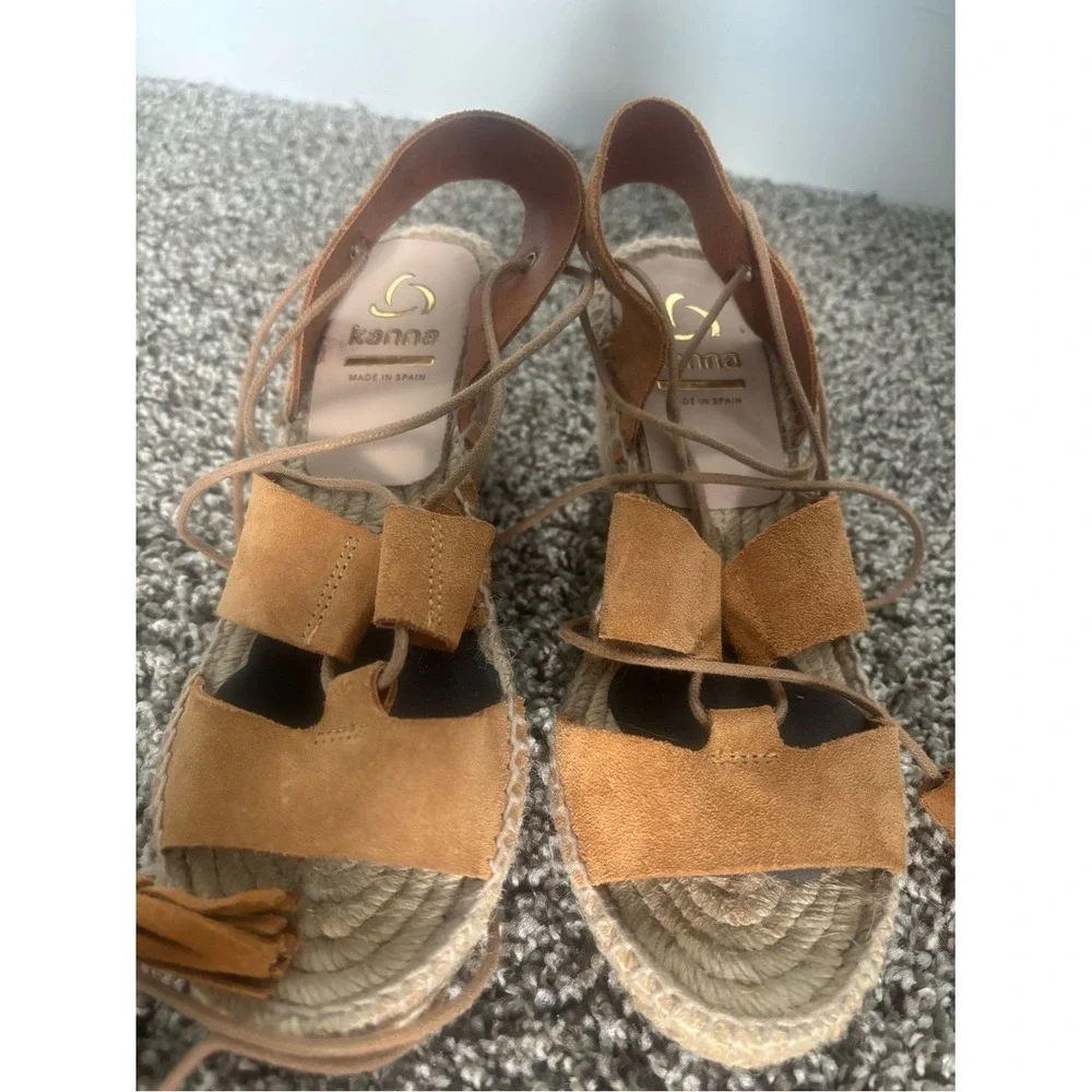 Kanna Spain Tan Suede Lace-Up Espadrille Wedges | EU 37 / US 6.5–7 | BohoSandals